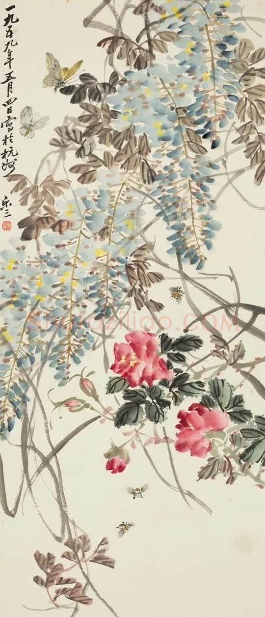 诸乐三·蜂蝶团花图