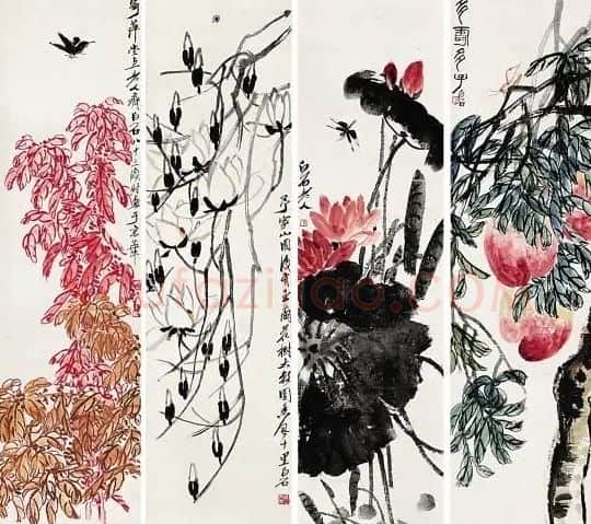 齐白石·四屏花鸟