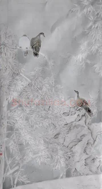 李卫华·雪篁集禽图