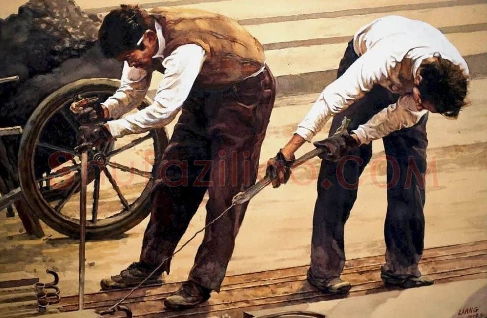 梁跃·制作预制板的民工