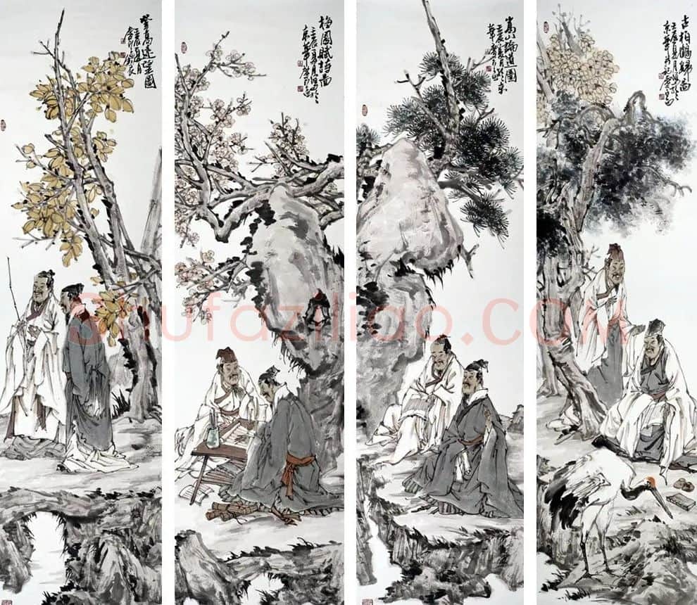 李庆富·古柏鹤归图