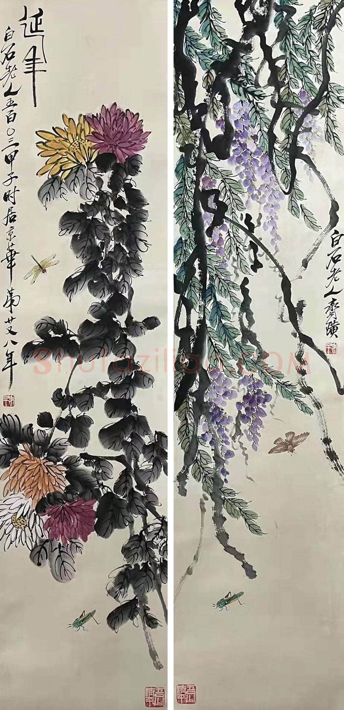 齐白石《花卉草虫》四屏，至罕佳构！ | 国画作品