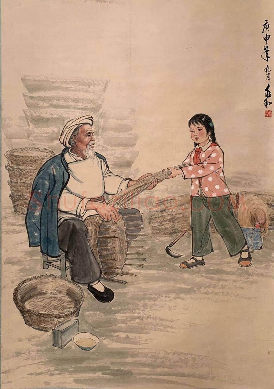 蒋兆和人物画《爷孙劳动图》，晚年代表作 | 国画作品