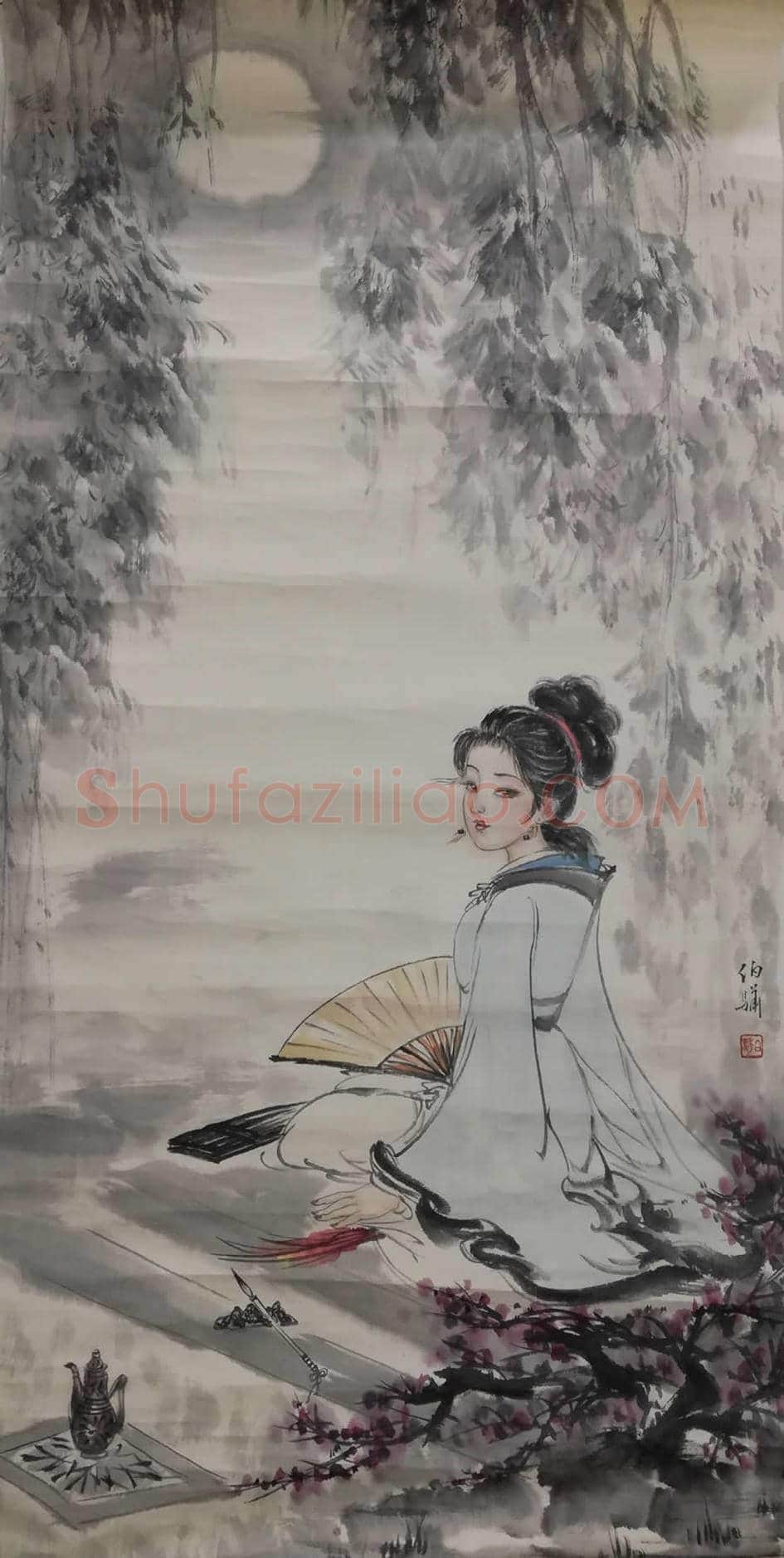 白伯骅作品-执扇仕女 | 国画鉴赏