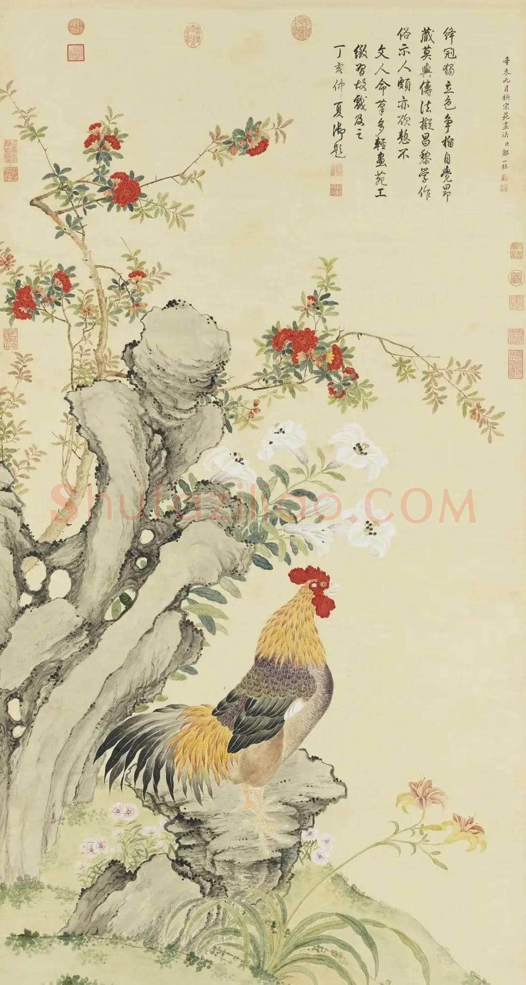 思接千载——清宫旧藏余省《榴下雄鸡图》 | 国画赏析