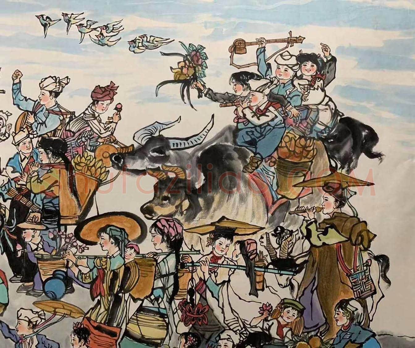 程十发人物画《欢庆图》,丈二巨作 | 国画鉴赏