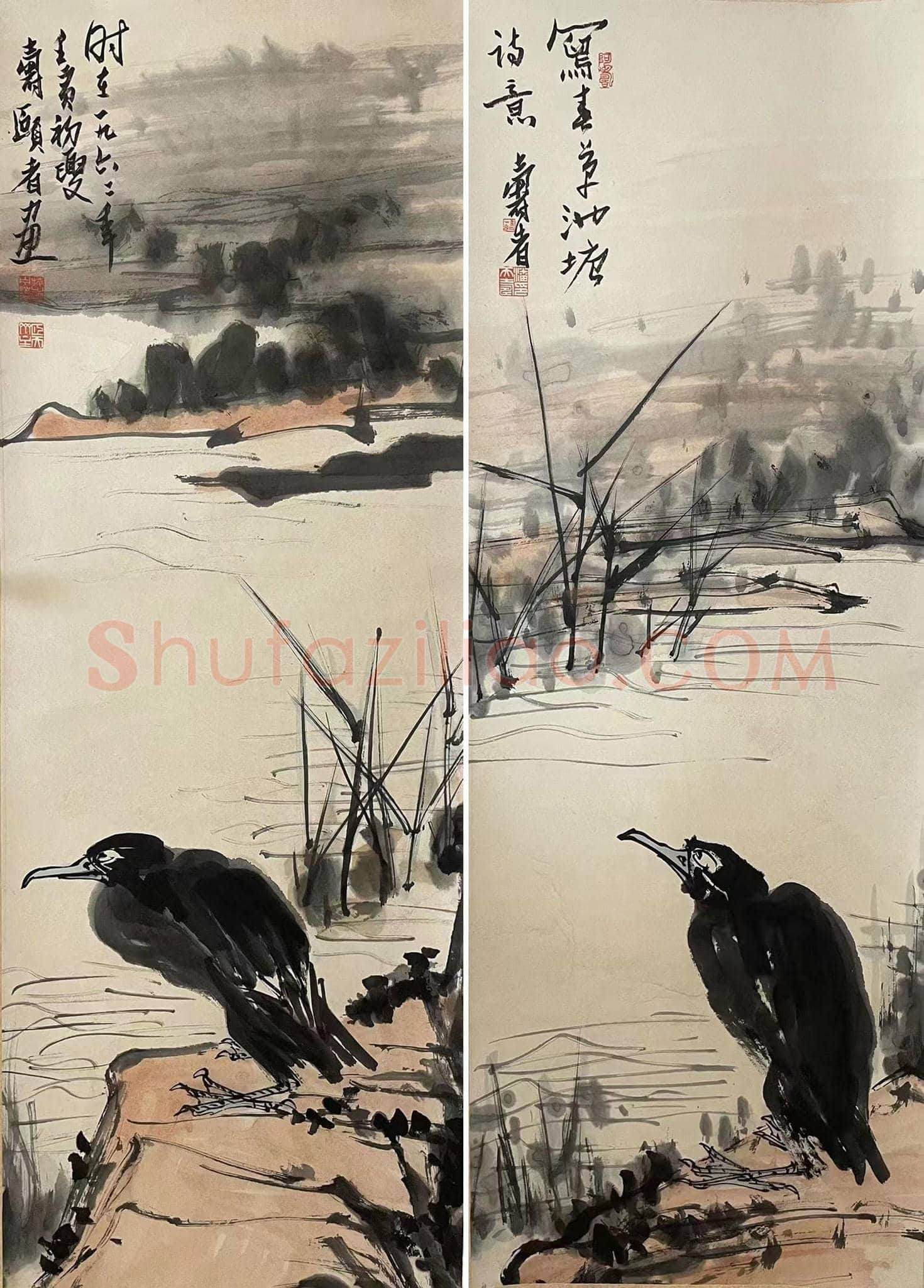 诗画合一 匠心独运——潘天寿《池塘双屏图》 | 国画赏析