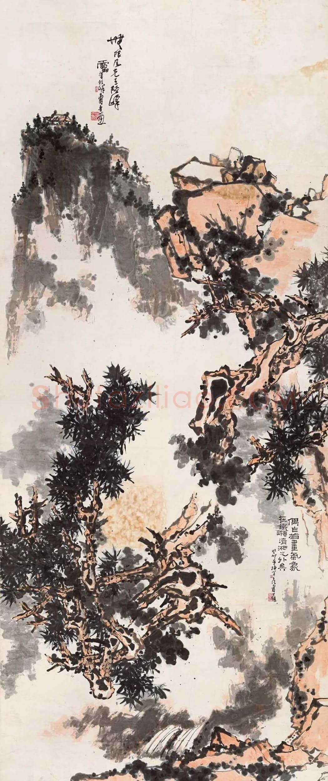 潘天寿《松梅群鸽图》，殿堂级巨制！ | 国画鉴赏