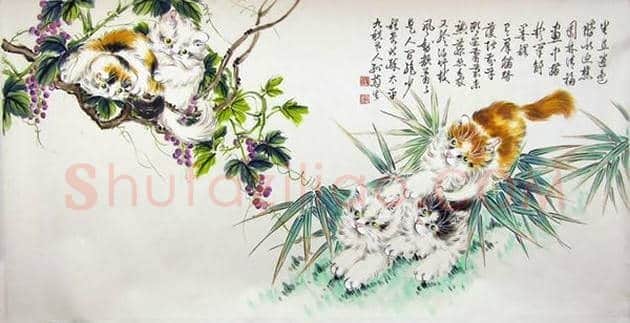 孙菊生国画作品《双猫图》2尺 | 国画赏析