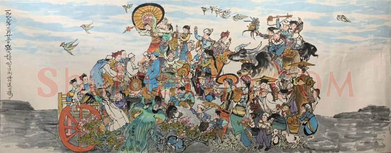 程十发人物画《欢庆图》,丈二巨作 | 国画鉴赏