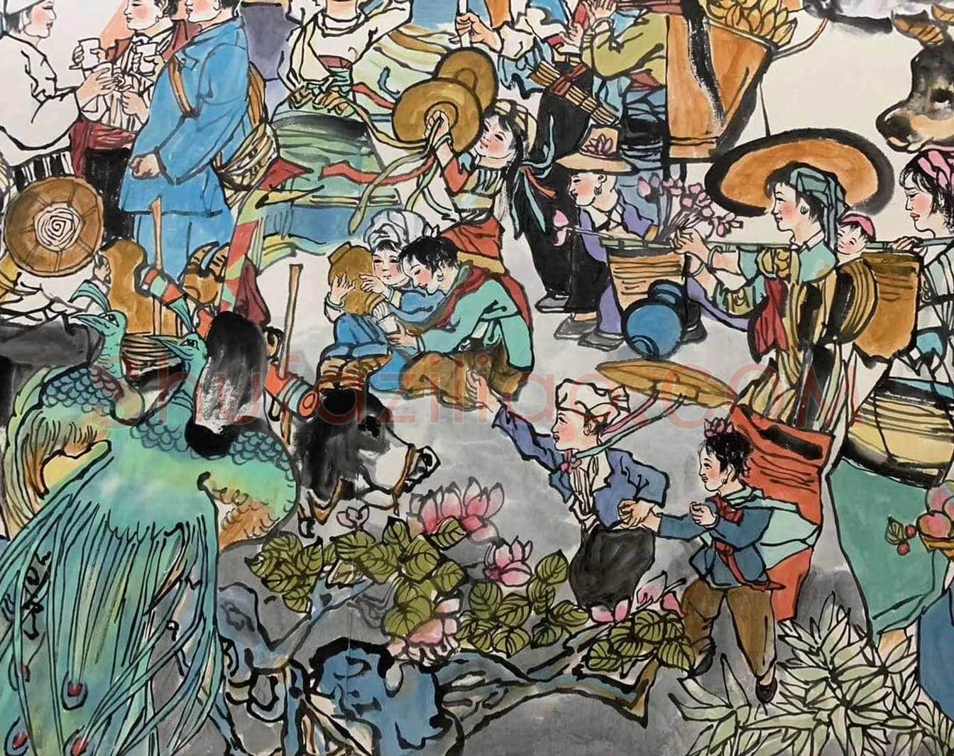 程十发人物画《欢庆图》,丈二巨作 | 国画鉴赏