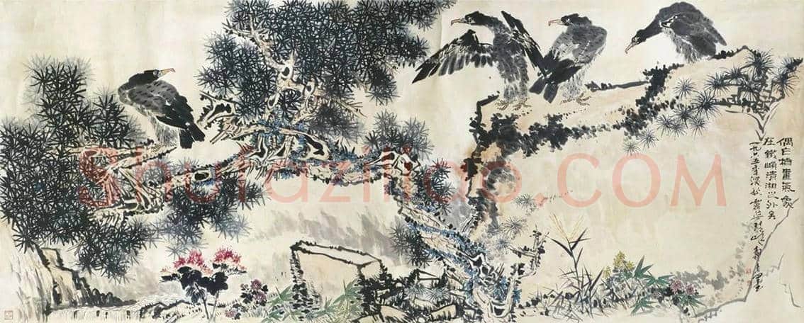 潘天寿《松梅群鸽图》，殿堂级巨制！ | 国画鉴赏