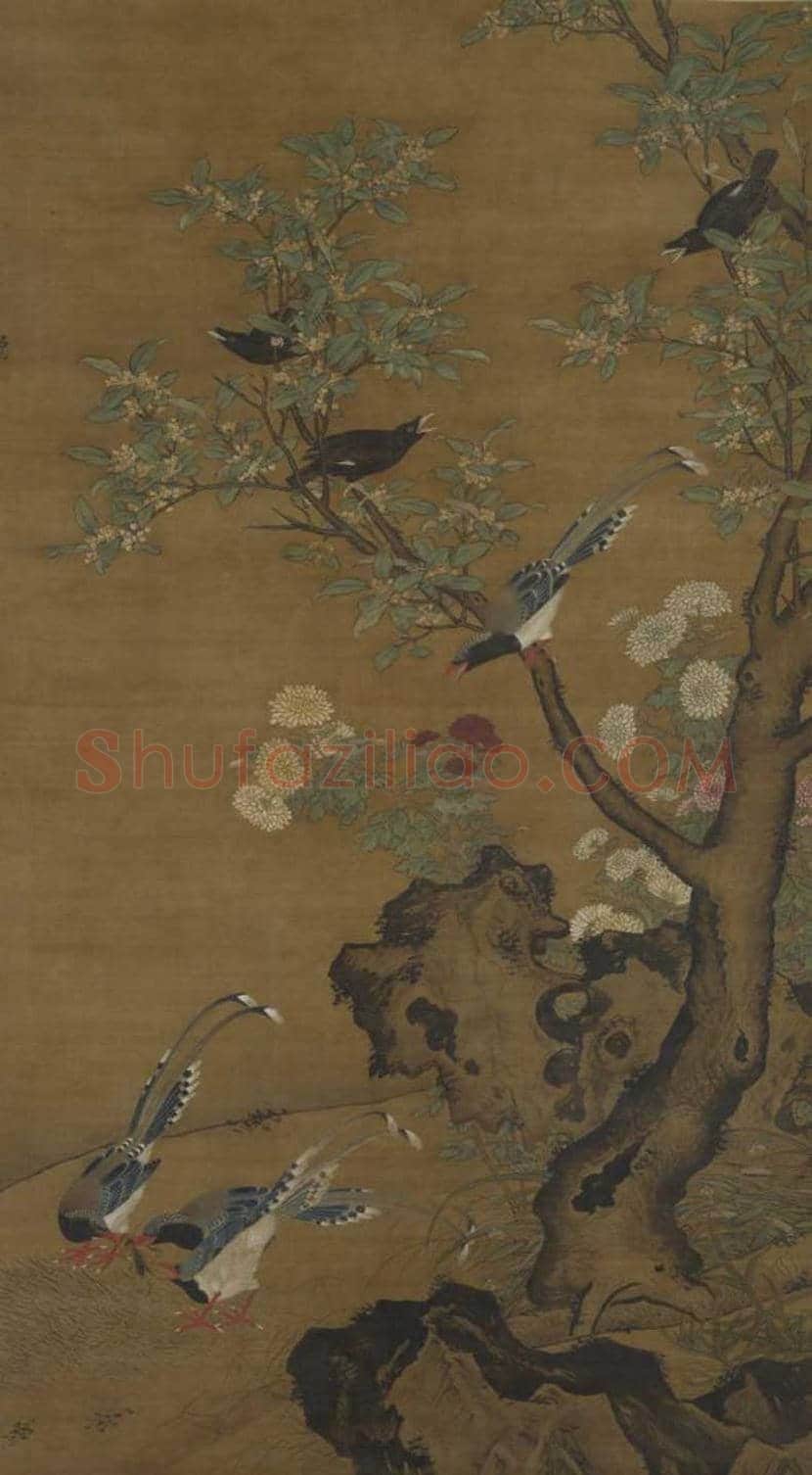 吕纪花鸟画《桂菊山禽图》欣赏 | 书画知识