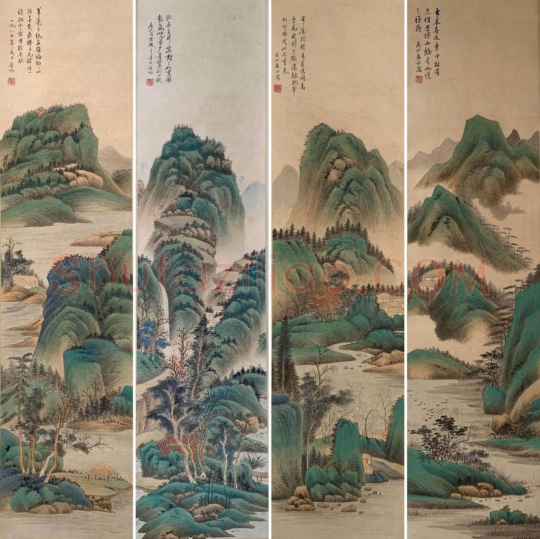 启功巨制《青绿山水八屏》，珍藏首选 | 国画欣赏