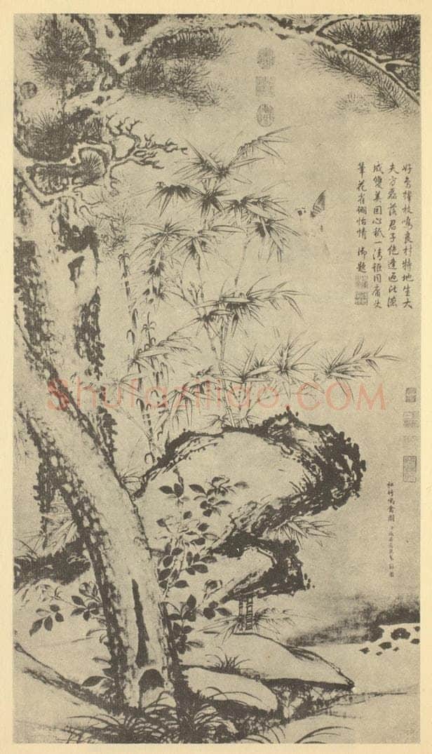 清 张若霭《松竹鸣禽图》国画作品