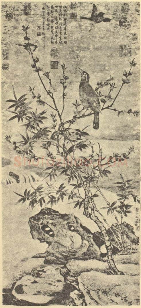 元 王渊《桃竹春禽图》国画作品