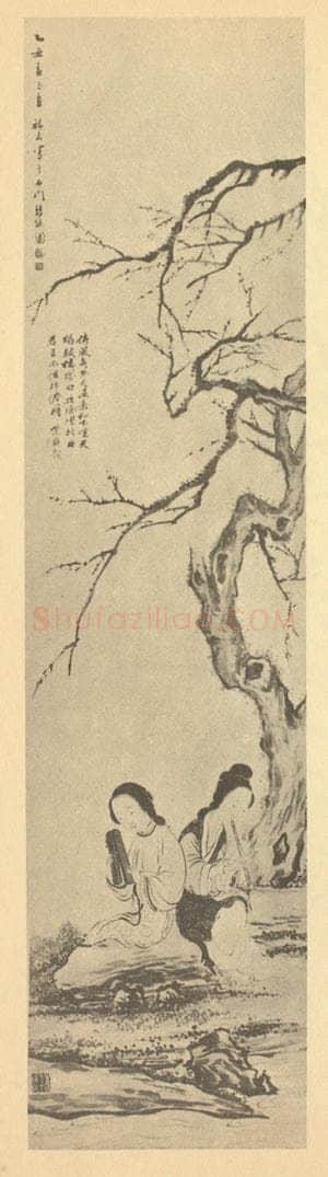 清 汤禄名《士女理曲图》国画作品
