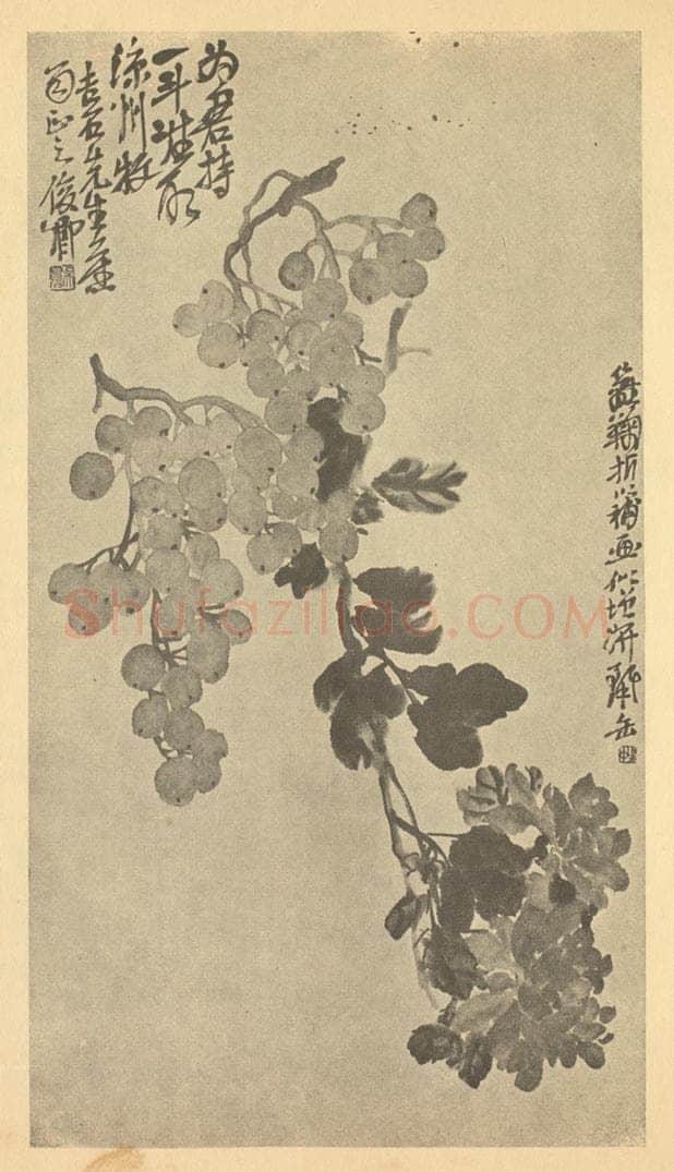 清 吴昌硕《葡萄·菊花》国画作品