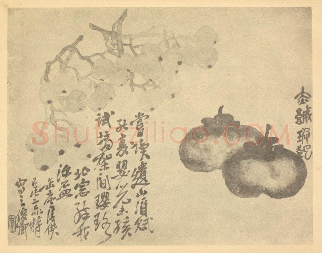 清 吴昌硕《葡萄·柿实》国画作品
