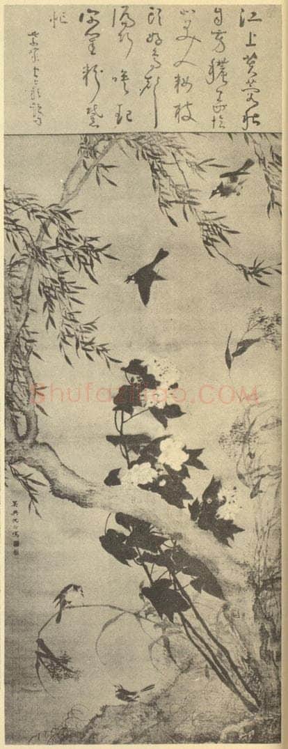 清 沈铨《秋塘小禽图》国画作品