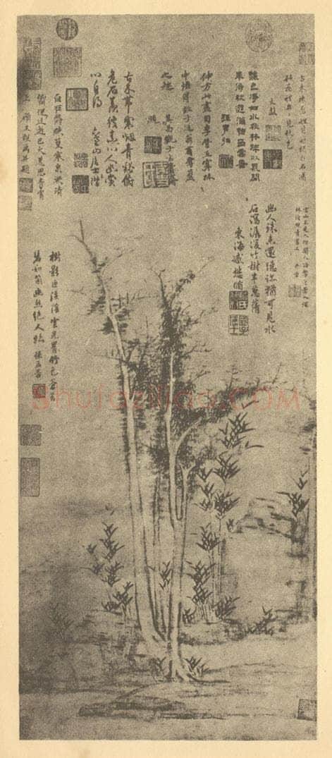 明 顾正谊《古树竹石图》国画作品