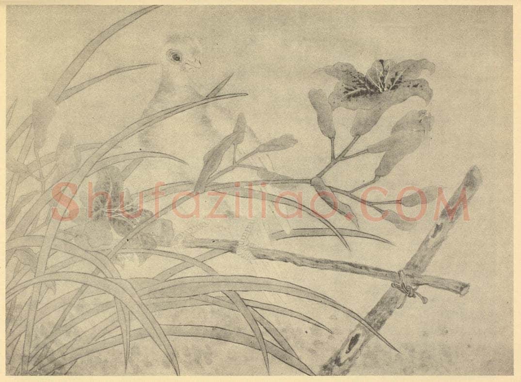 清 陆恢《萱草鹁鸽图》国画作品