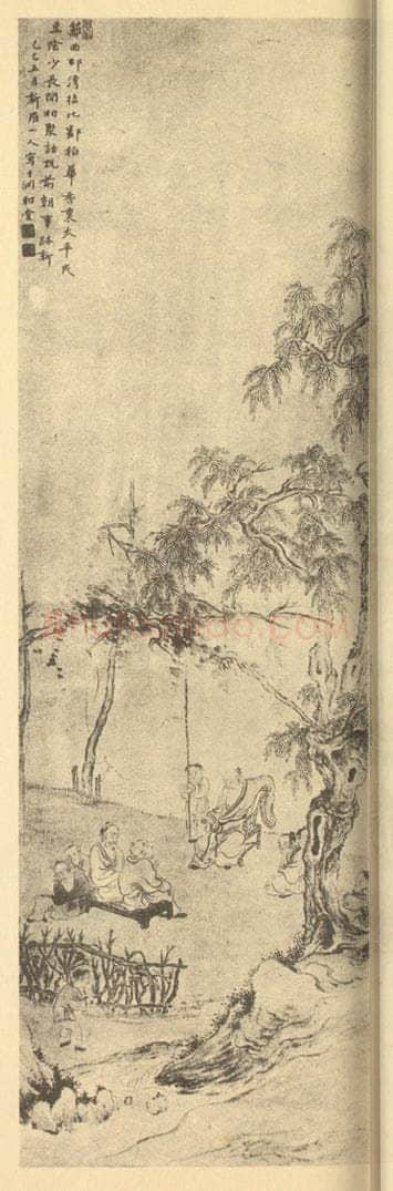 清 华岩《树阴话说图》国画作品