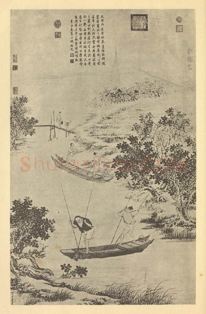 清 金廷标《罱泥图》国画作品