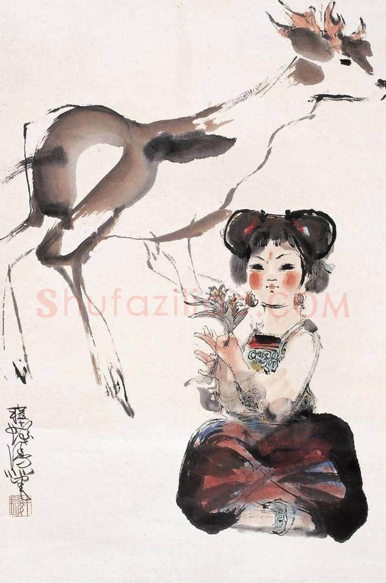 程十发作品《少女与羊》，3尺 | 国画欣赏