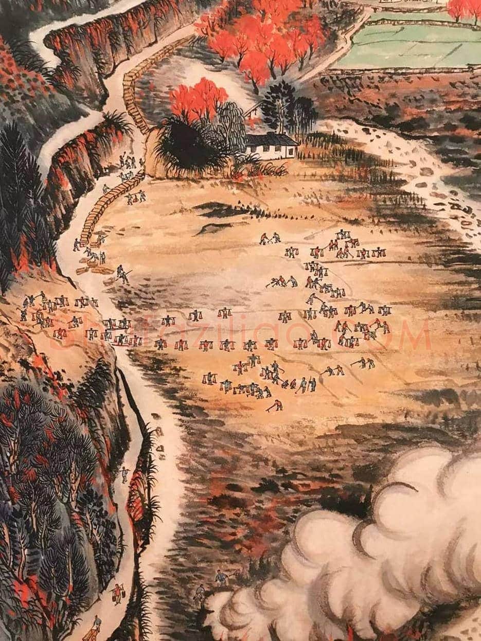陆俨少作品《学习大寨精神》,极富时代特色 | 国画鉴赏
