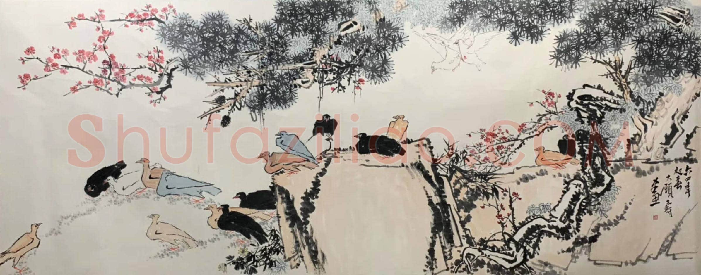 潘天寿《松梅群鸽图》，殿堂级巨制！ | 国画鉴赏