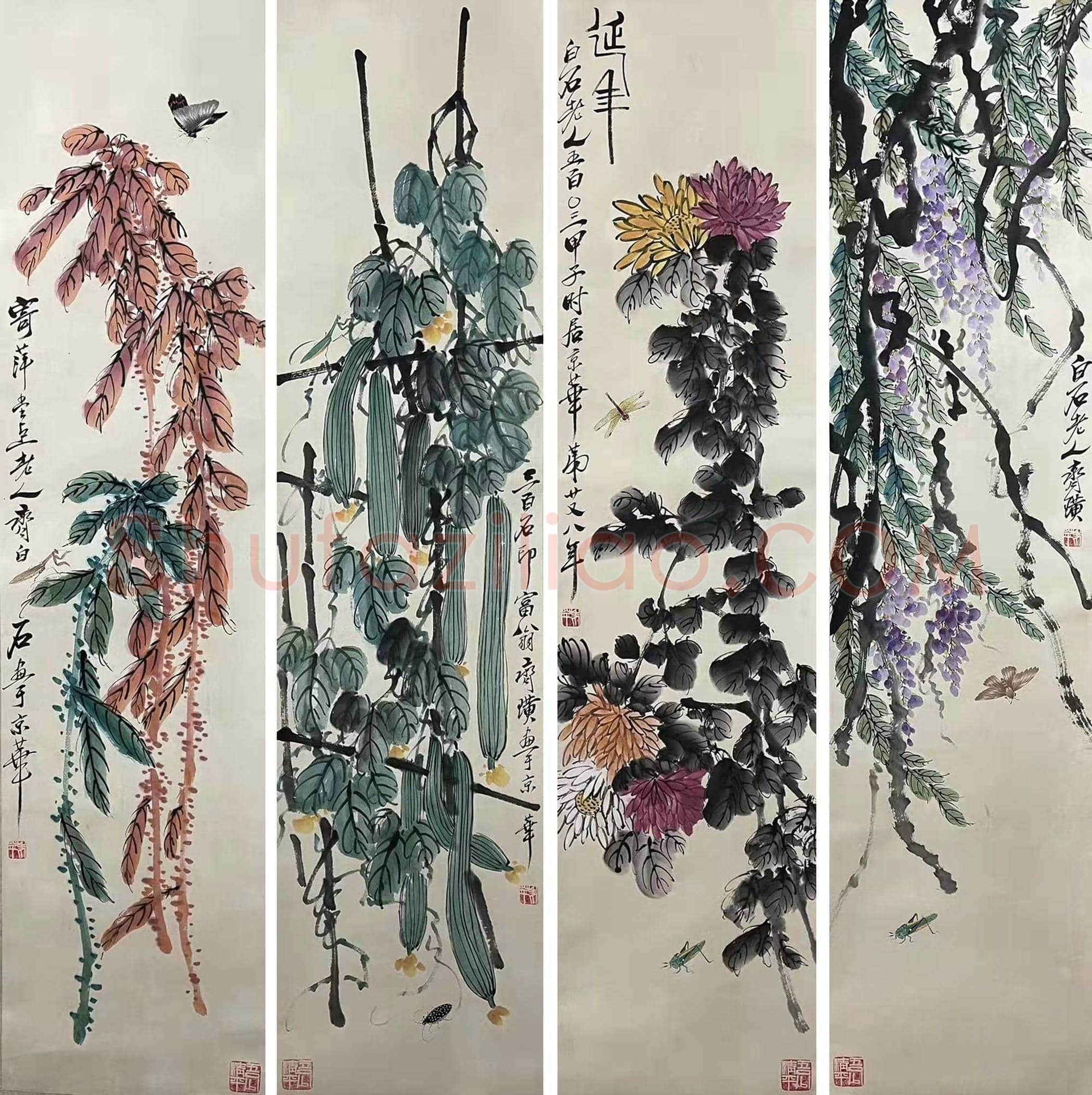 齐白石《花卉草虫》四屏，至罕佳构！ | 国画作品