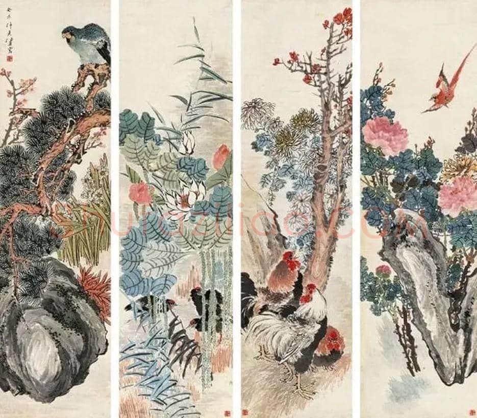 任薰花鸟四屏欣赏 | 书画讲解
