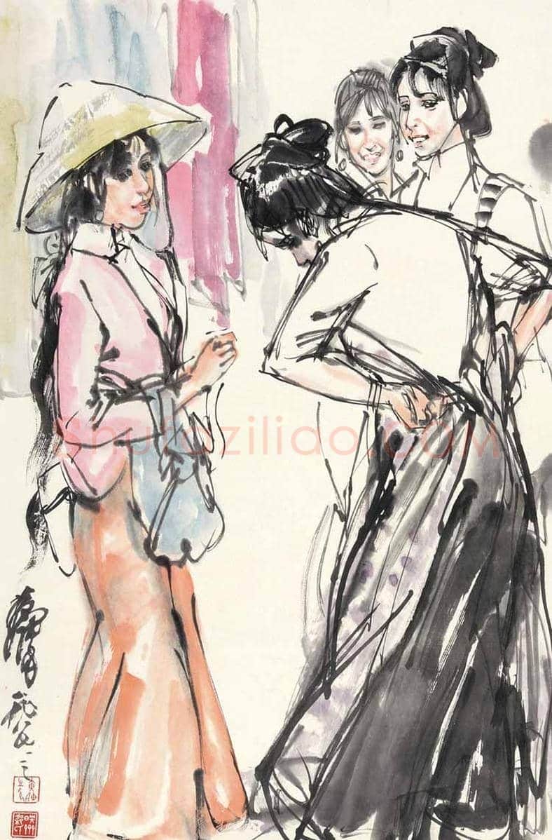 黄胄少数民族生活人物画《买花布》，赴云南写生作品！ | 国画鉴赏