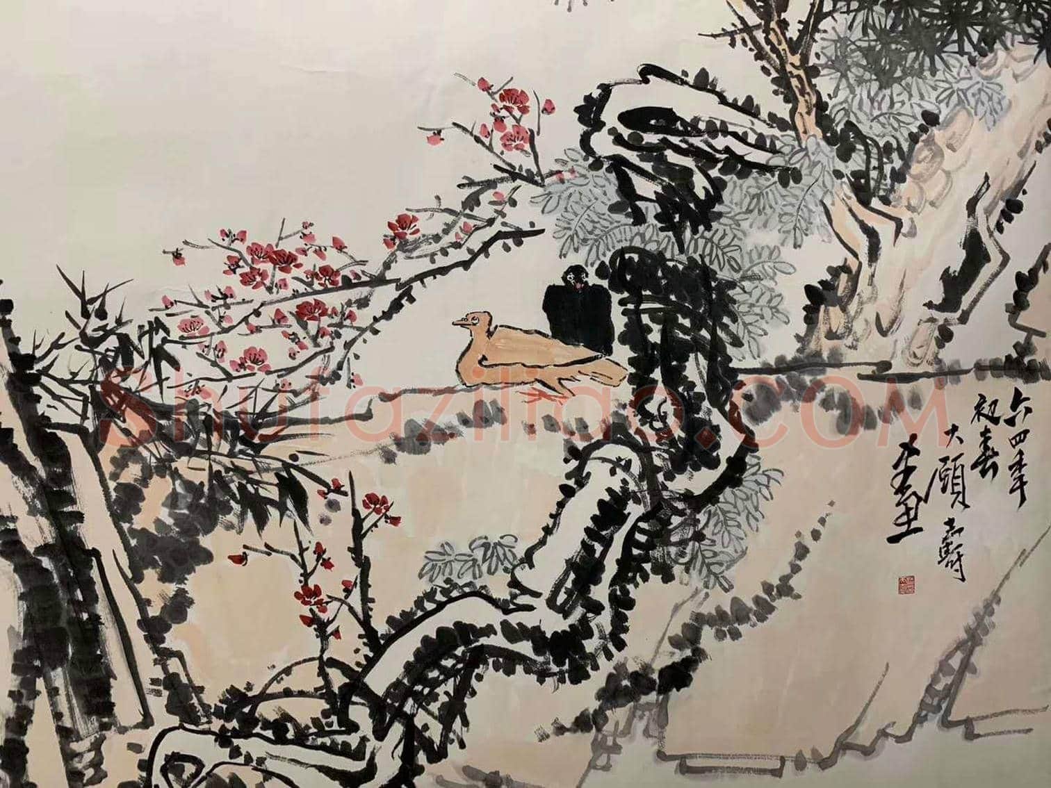 潘天寿《松梅群鸽图》，殿堂级巨制！ | 国画鉴赏