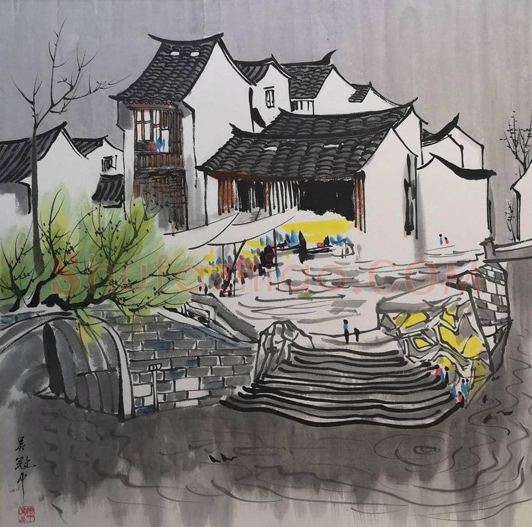 吴冠中《甪直古镇》，剪不断的水乡情怀 | 国画图片