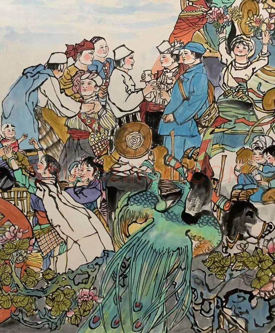 程十发人物画《欢庆图》,丈二巨作 | 国画鉴赏