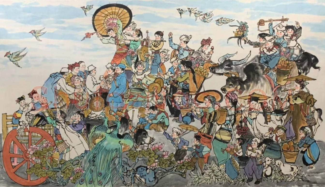 程十发人物画《欢庆图》,丈二巨作 | 国画鉴赏