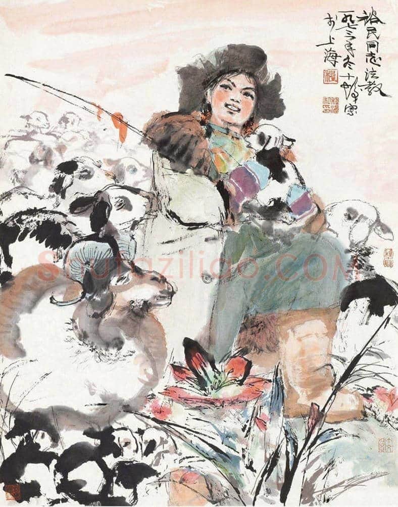 程十发作品《少女与羊》，3尺 | 国画欣赏