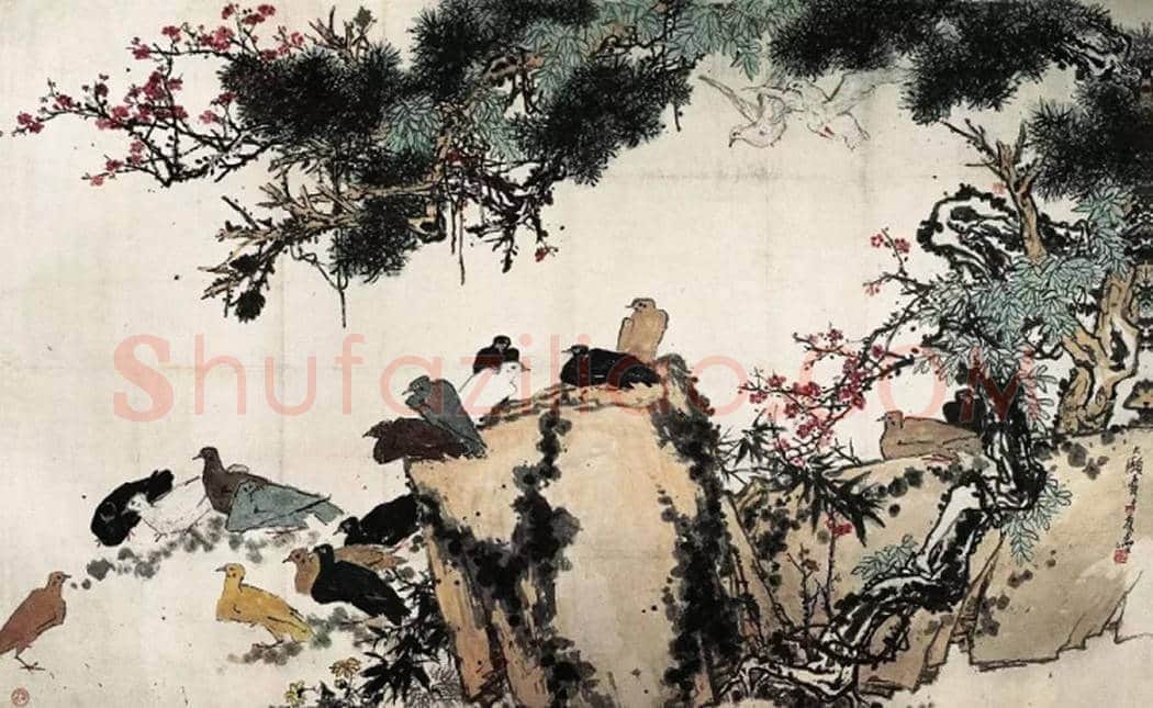 潘天寿《松梅群鸽图》，殿堂级巨制！ | 国画鉴赏
