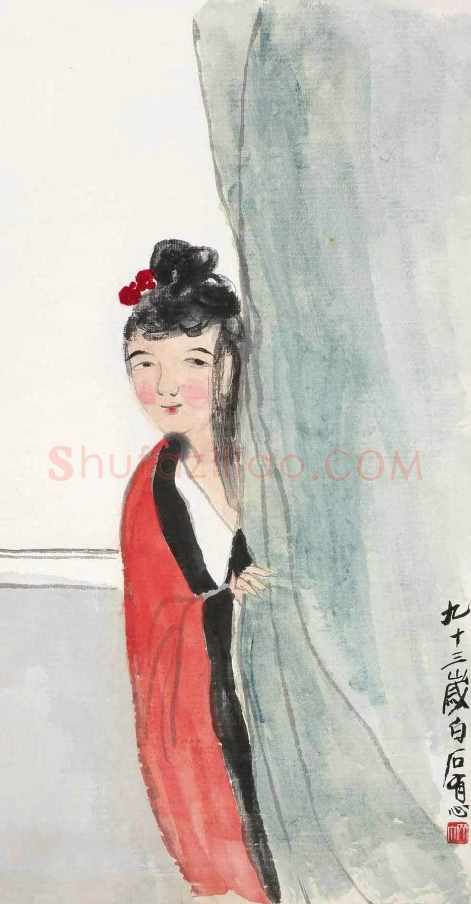 齐白石《红衣仕女》欣赏 | 书画文摘
