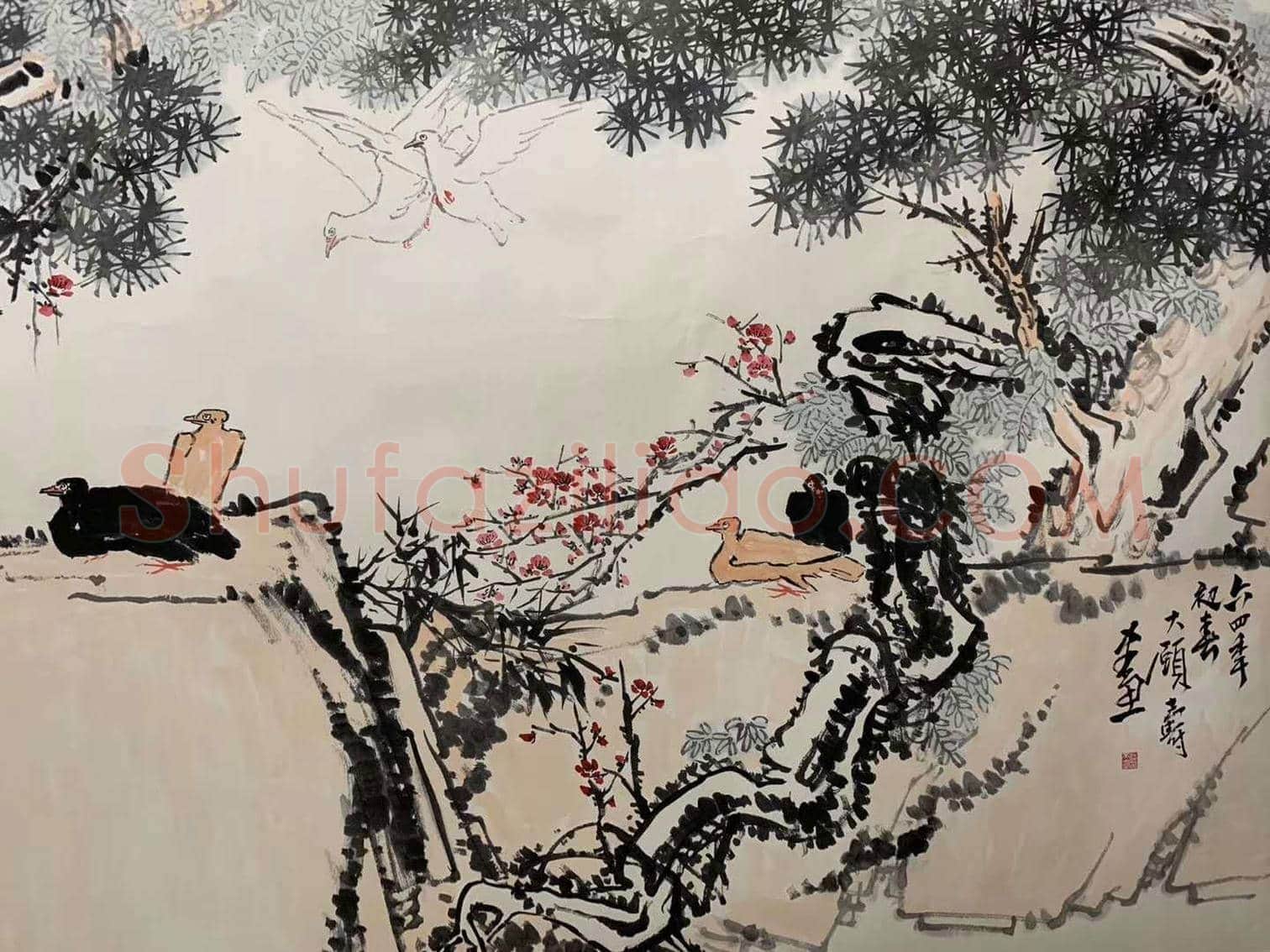 潘天寿《松梅群鸽图》，殿堂级巨制！ | 国画鉴赏
