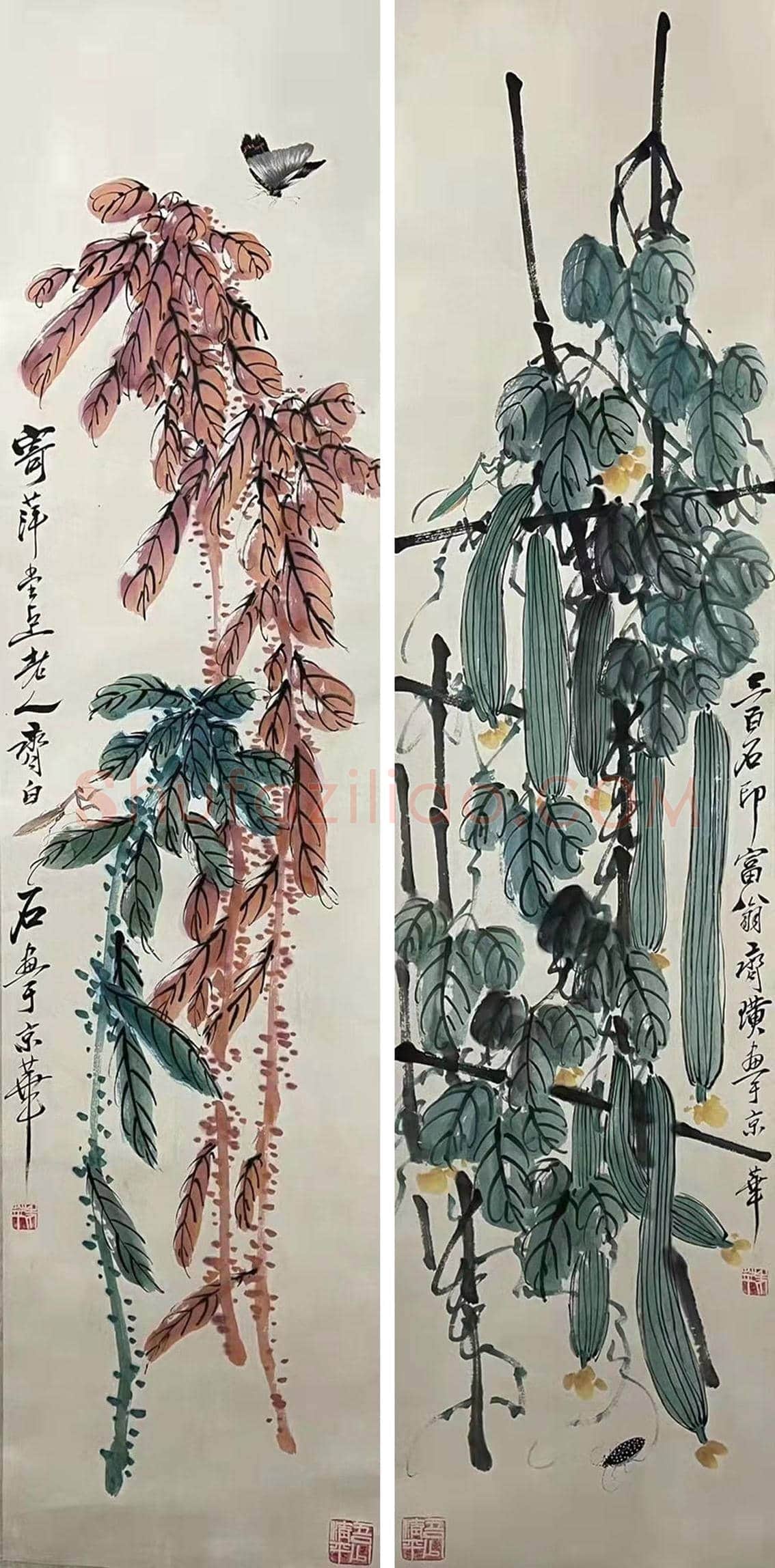 齐白石《花卉草虫》四屏，至罕佳构！ | 国画作品