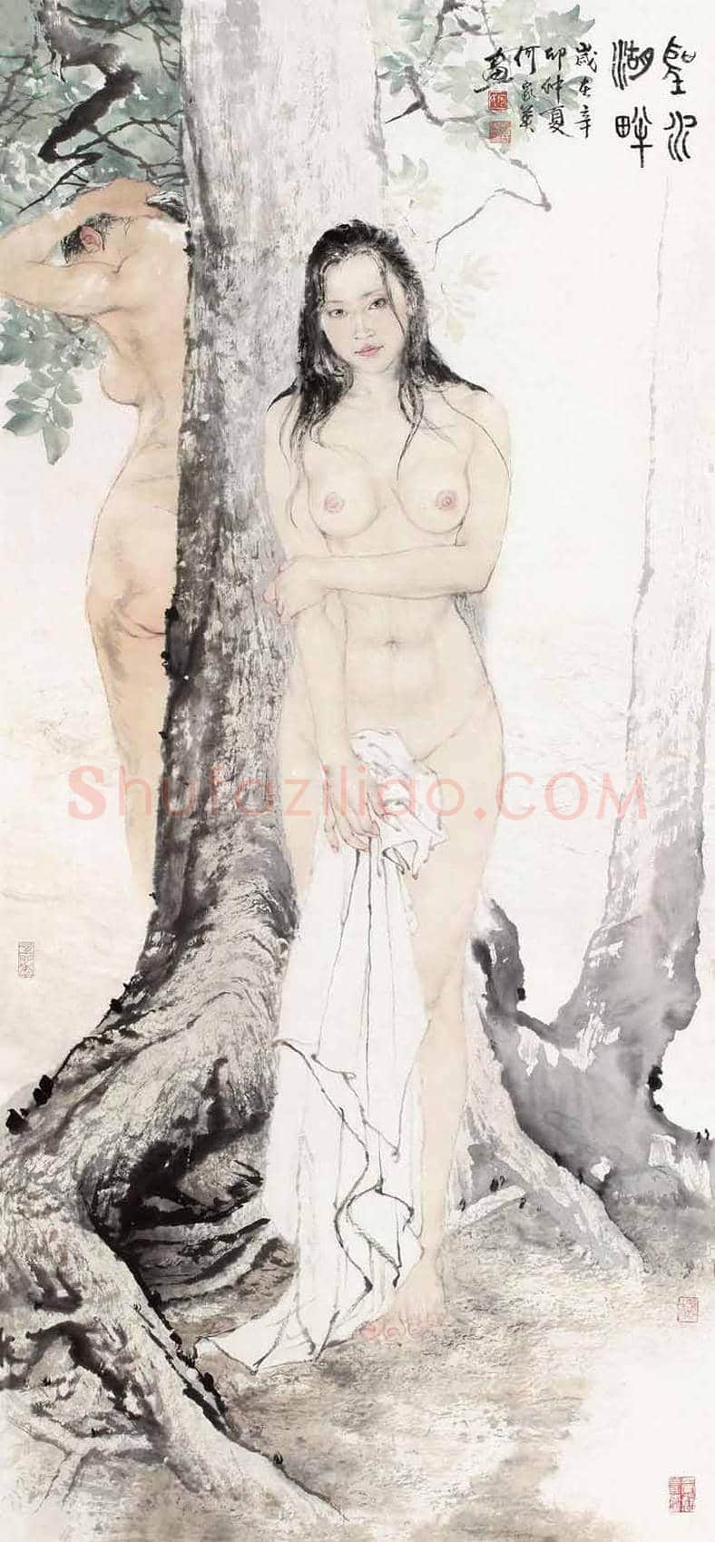 何家英绢本裸女画《幽谷仕女图》,有耐人寻味之美! | 国画图片