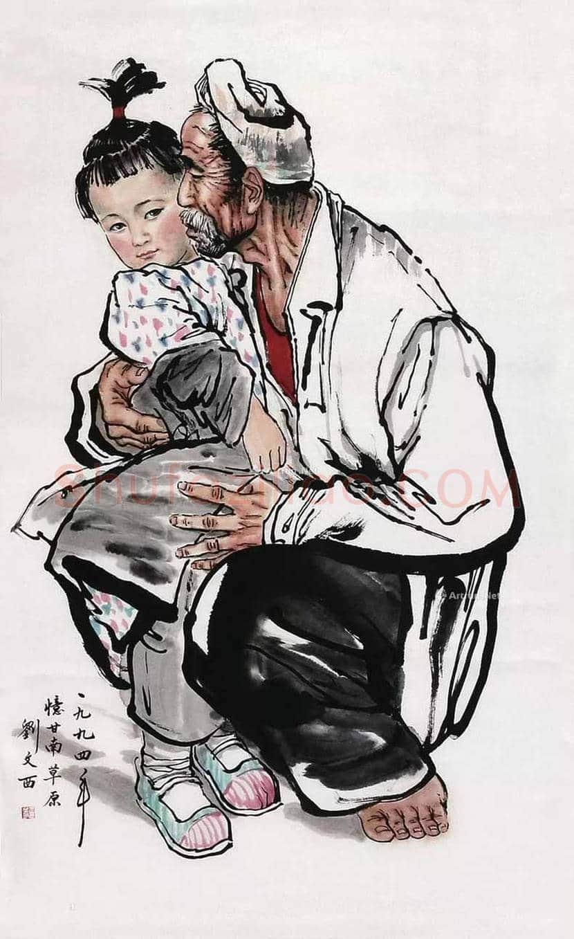 刘文西人物画《爷孙俩》，典型有代表性的黄土画派作品 | 国画作品