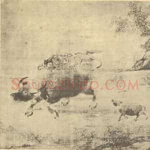 宋代 李唐国画作品《乳牛图》摘自 南画大成 卷七