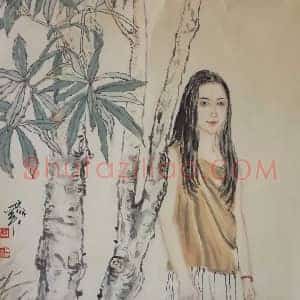 何家英写意水墨作品《梧桐少女》国画作品高清图片赏析