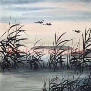 林风眠丈二钜制《芦塘秋鹜图》国画作品高清图片赏析