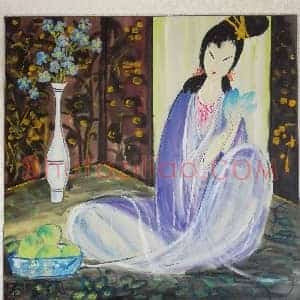 林风眠国画作品《持莲仕女》国画作品高清图片赏析