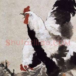 任伯年《桃花双鸡图》国画作品高清图片赏析